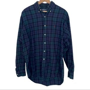Ralph Lauren Blaire Blue Green Plaid Flannel Long Sleeve Button Down Shirt Logo